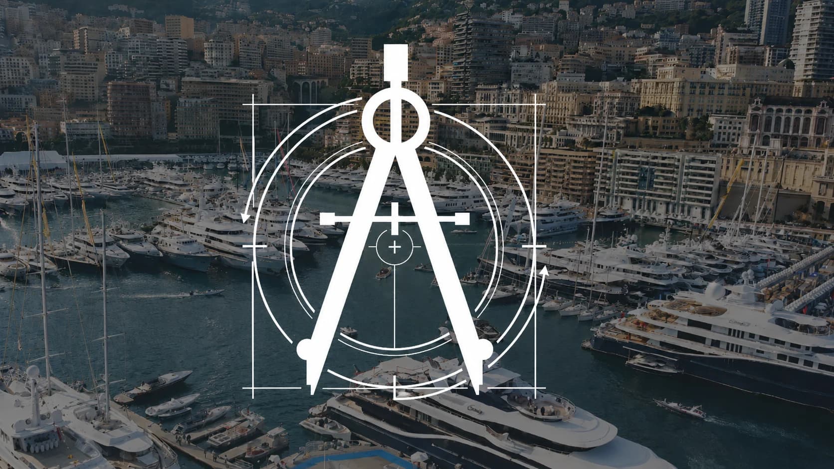 A drafting compass overlaid on a marina full of superyachts, symbolising design and navigation in one instrument